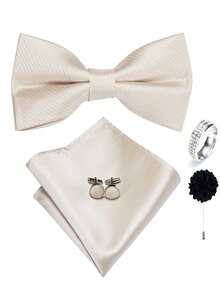 5Pcs Apricot Solid Simple Men Accessory Set, Bow Tie Pocket Square Cufflinks Ring Boutonniere, Random Cufflink Patterns, Groom Wedding - Apricot - View 1