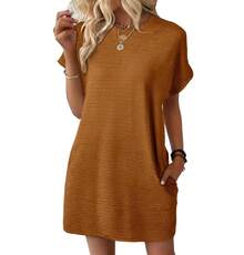 Nuevo producto de verano transfronterizo europeo y americano: vestido de manga corta para mujer, holgado, de cuello redondo, con bolsillos y de color sólido. - Rosa - Ver 9