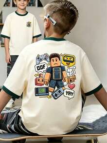 Camiseta para niños con ribete de bloques de color y tema de juego de arte de píxeles, top casual de manga corta transpirable - Negro - Ver 1