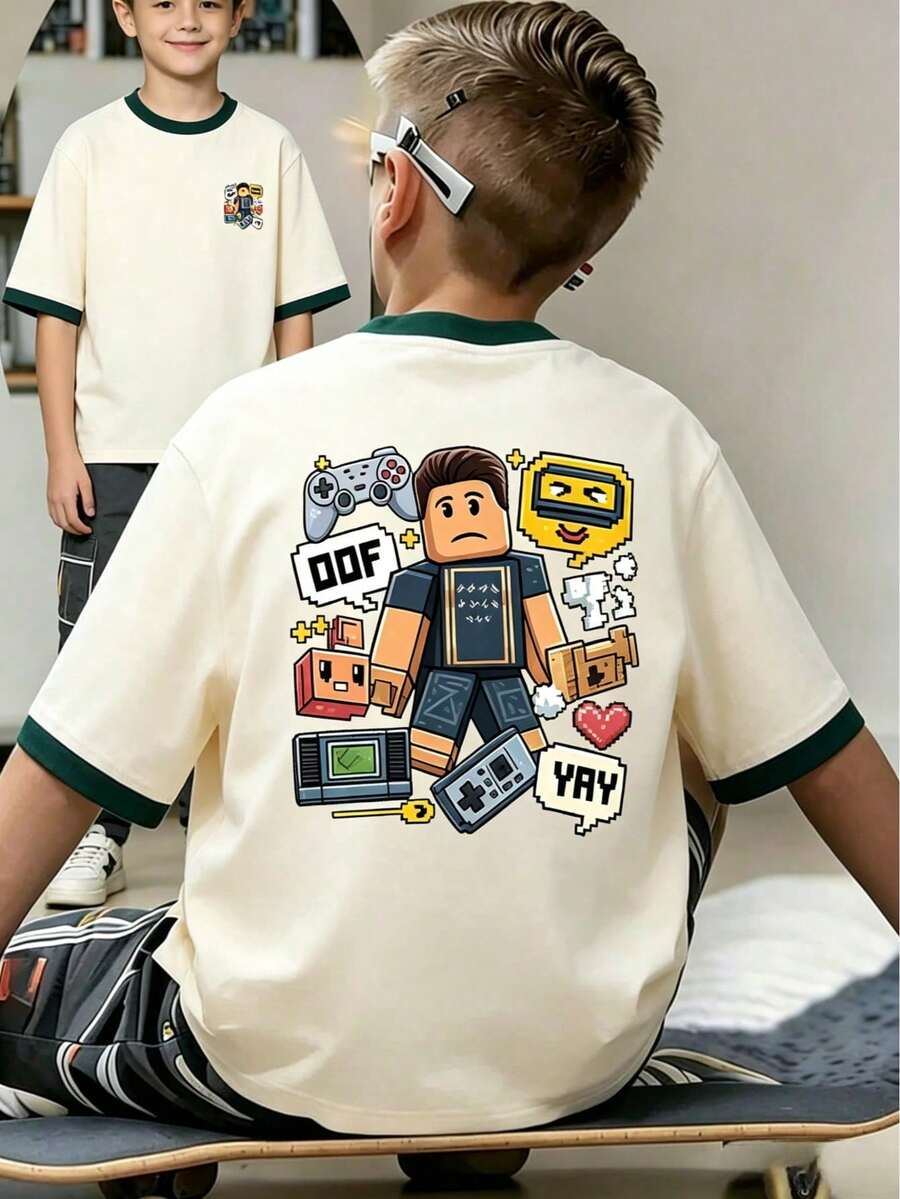 Camiseta para niños con ribete de bloques de color y tema de juego de arte de píxeles, top casual de manga corta transpirable - Negro - Ver 1