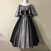 Medieval Retro Style Fitted Dress With Color Blocks, Ruffled Sleeves And A Wide Hem, Ideal For Cosplay And Stage Performances. - Gray-black Rope - View 1