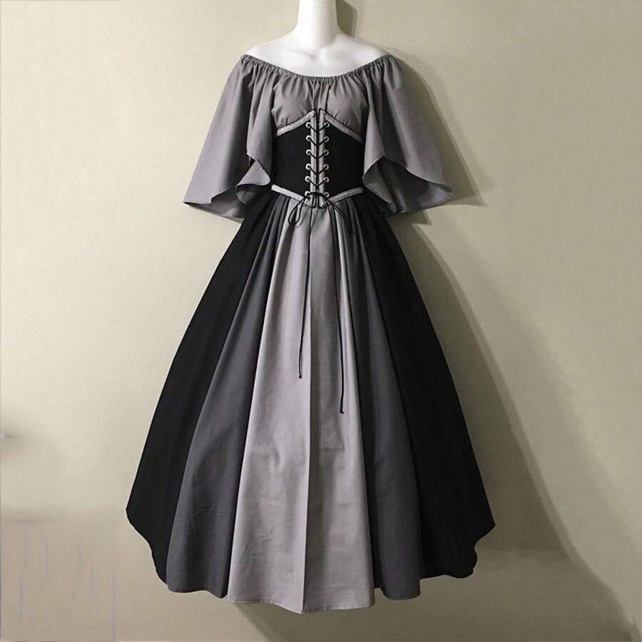 Medieval Retro Style Fitted Dress With Color Blocks, Ruffled Sleeves And A Wide Hem, Ideal For Cosplay And Stage Performances. - Gray-black Rope - View 1