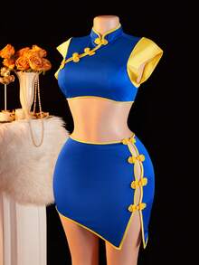 2 Pcs Women's Sexy Lingerie Set, Short-Sleeved Top With Button-Designed Slimming Skirt, Chinese Cheongsam, Role-Playing Uniform Set. - Blue - View 3