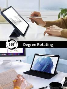 1件 360°旋轉壓克力三折深藍色平板保護殼，兼容iPad機型，可調節360°視角支架，壓克力背殼防刮防彎，內置筆槽，磁吸自動休眠/喚醒，極簡三折平板保護套 - 深藍 - 查看 3