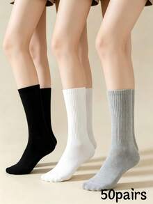 5 Pairs Men's White Mid-Calf Socks, Odor-Resistant, Sweat-Absorbent, Cotton, Skin-Friendly, Comfortable, Solid Color, Versatile, Business Black Long Socks, Spring Casual Student Sports Socks - Multicolor - View 20