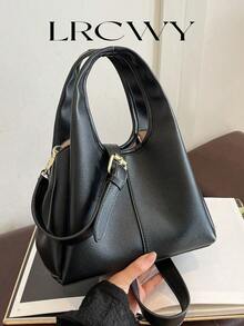 Bolso de mujer de estilo cubo, diseño elegante y minimalista, gran capacidad, color caqui, estilo de bandolera - Negro - Ver 2