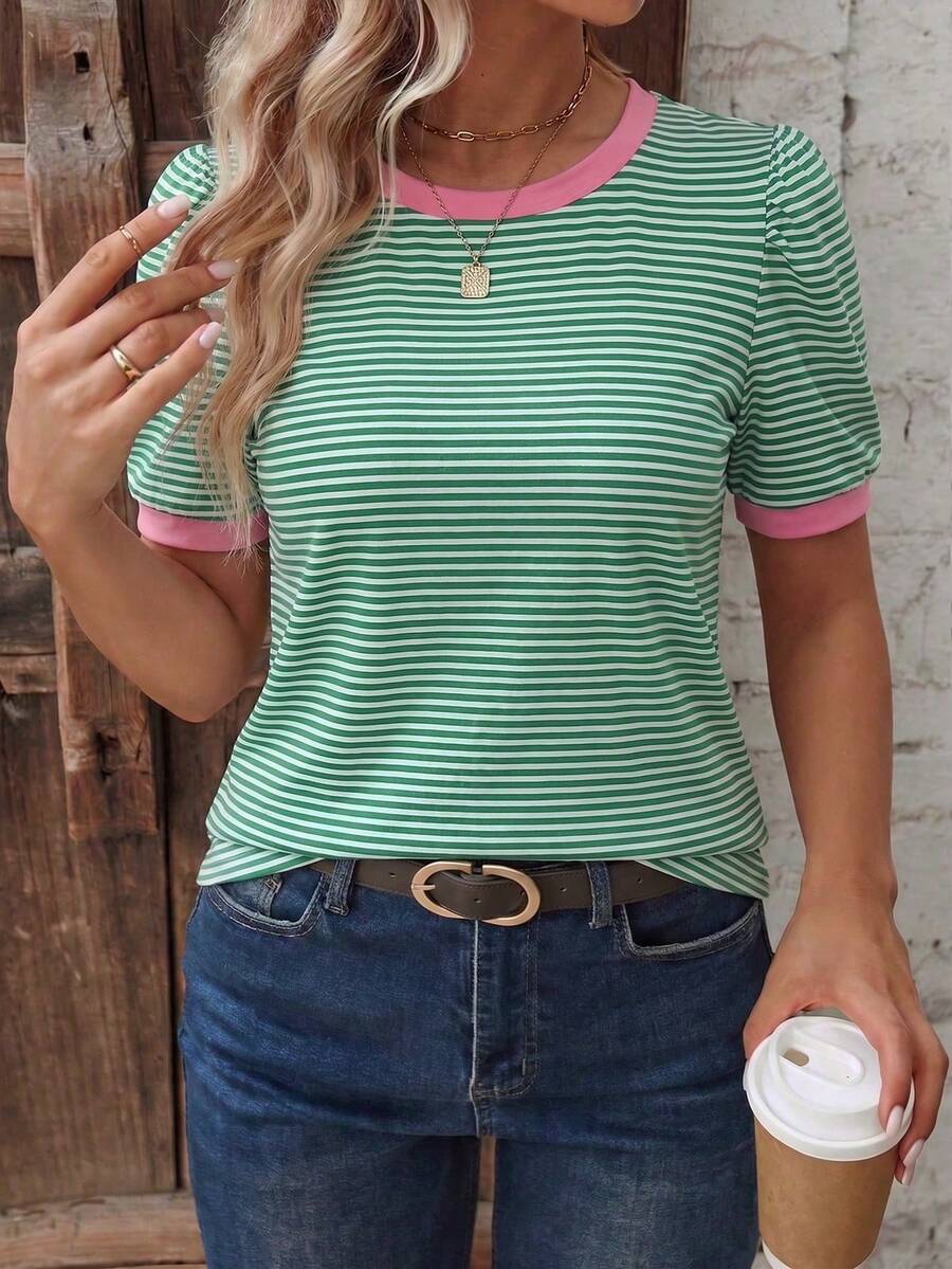 Basic Casual Retro Pink Short Sleeve T-Shirt With Round Neck And Plus Sizes - Army Green - View 1