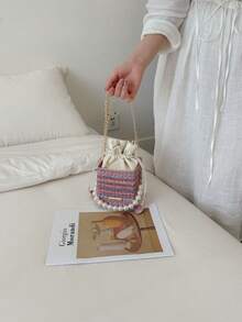 Mini bolso de mano de moda con cordón ajustable, caja tejida con relieve, acrílico y perlas - Rosa - Ver 3