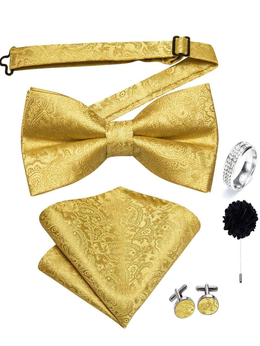 5Pcs Yellow Paisley Jacquard Men Accessory Set, Bow Tie Pocket Square Cufflinks Ring Boutonniere, Random Cufflink Patterns, For Groom Wedding - Yellow - View 1
