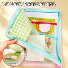 HUAJIE L-Shaped Wide Opening Mesh File Storage Bag With Detachable Plaid Pen Pouch, Large Capacity A4 Paper Document Organizer Tote Bag For Students, School And Office Stationery Storage - Single Piece - View 3