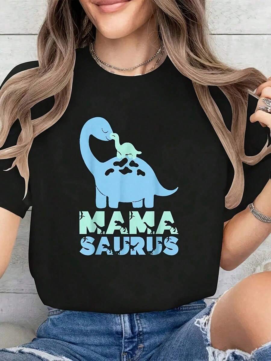 Camiseta corta de manga con estampado de dinosaurio para mujer, suave y elástica, 95% poliéster 5% spandex, tejido de punto, lavable en máquina, versátil para primaveraveranootoño. - Negro - Ver 1