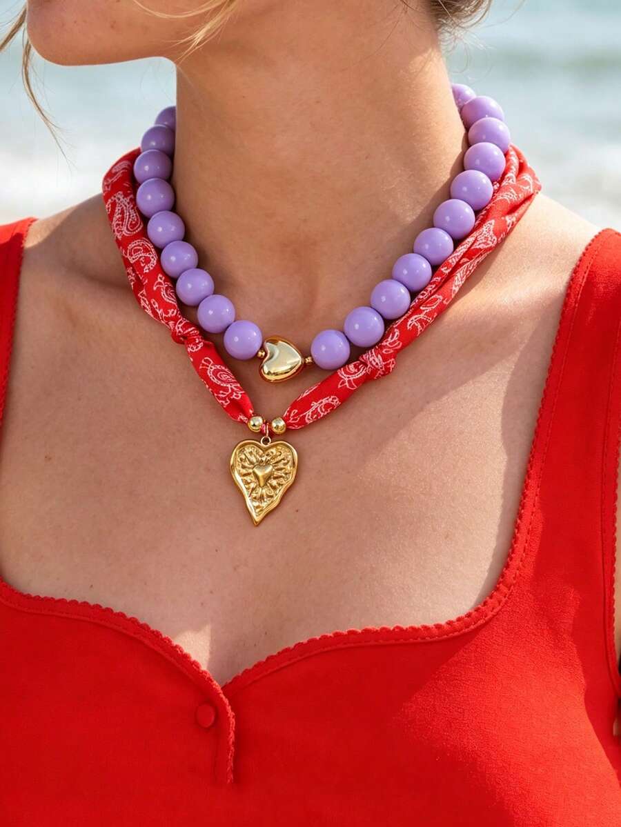 1pc Bohemian Flirty Style Creative Fashion Elegant Exquisite Luxurious Minimalist Light Luxury Sweet High-Quality Copper Heart Beaded Pendant Necklace, Jewelry Gift For Women, Sisters, Couples, Prom, Graduation, Suitable For Daily Wear, Dating, Party, Holiday, Summer Beach Vacation - Multicolor - View 1
