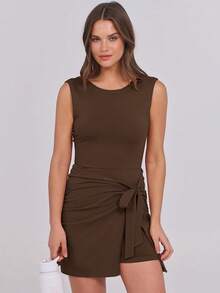 Caracilia Vestido Mini de Verano para Mujer, Sin Mangas, Ajustado al Cuerpo, con Cintura Ajustada y Pantalones Cortos Integrados, Ideal para Salir de Noche o Vacaciones - Marrón - Ver 3