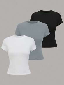 Plivvot Camiseta casual de mujer de manga corta de unicolor, versátil - Multicolor 8 - Ver 1