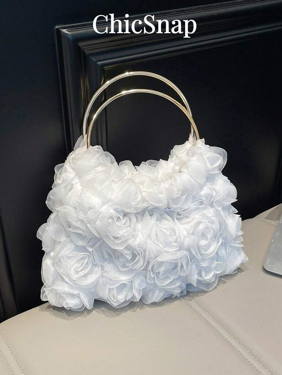 Descuento por Tiempo Limitado, Elegante Bolso de Noche con Diseñde Rosa, Bolso de Mano para Fiesta Formal de Mujer, Bolso de Hombro para Chica Dulce y Delicada, Bolso Tipo Cubo de Coloró - Blanco - Ver 1