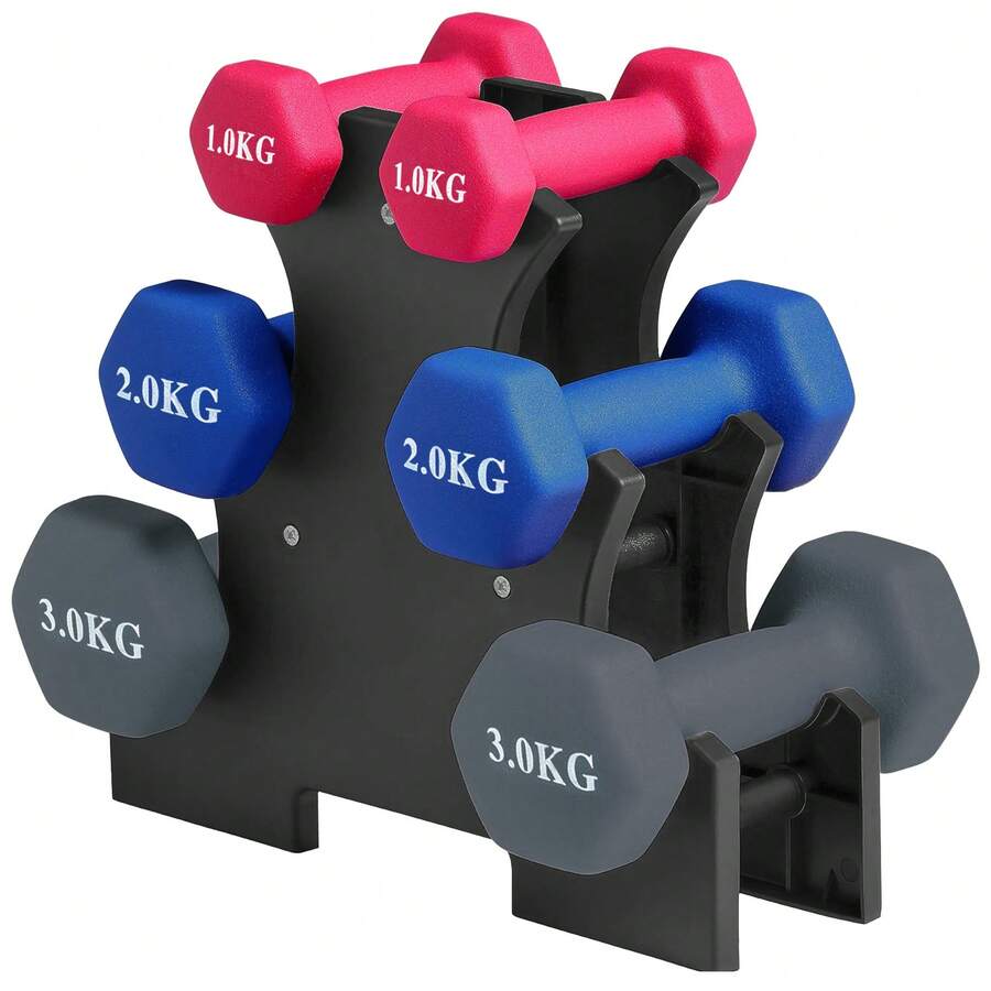 Premium Hex Dumbbell Set With Organizer Rack - 1kg, 2kg, 3kg Pair Set - Soft Touch Non-Slip Grip For Strength Training & Toning - Space Saving Design - 1kg, 2kg, 3kg - View 1