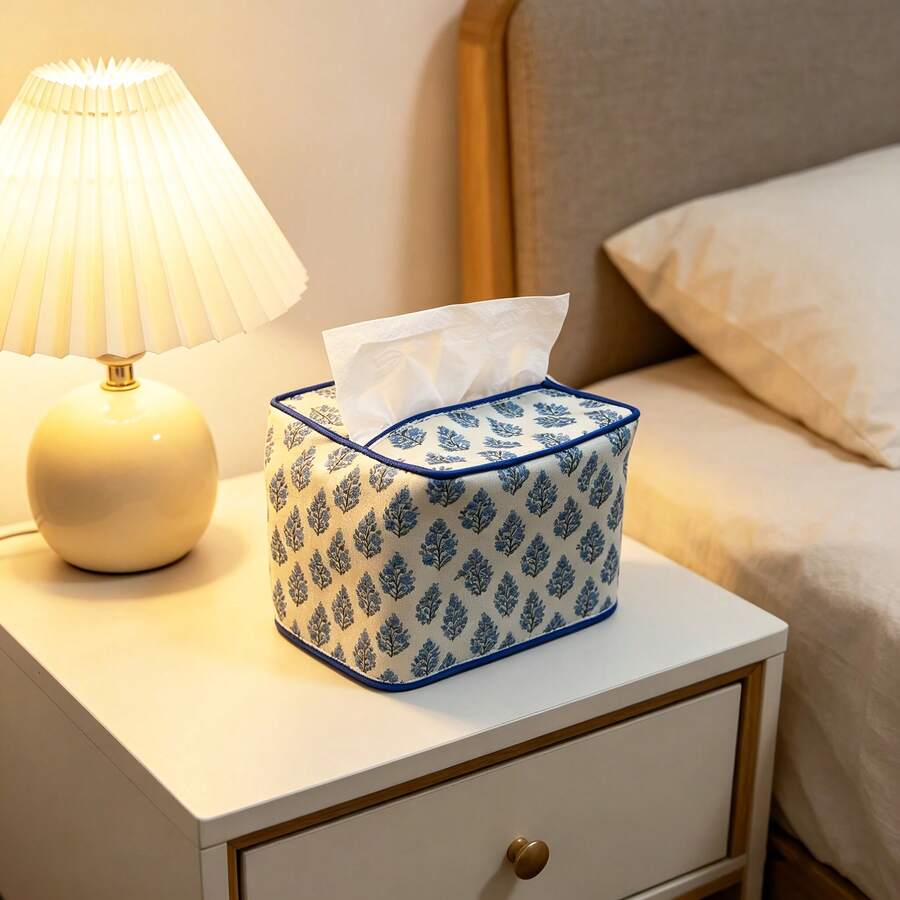 1pc Blue Printed Tissue Box, Soft Reusable Bohemian Floral Style Design, Suitable For Home, Bedroom, Vanity, Dining Table, Nightstand And Office - Multicolor - View 1