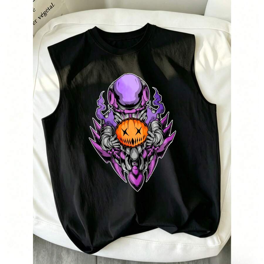 Sin mangas, camiseta sin mangas, hombre, transpirable y ligero, para actividades al aire libre, diseño de calabaza con detalles púrpuras - Negro - Ver 1