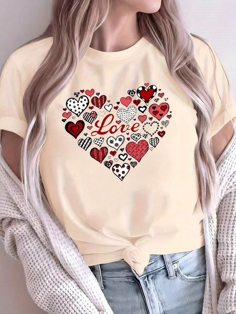 Pure Cotton Women's Short-Sleeved T-Shirt With A Heart Print On The Front, Made Of Comfortable And Breathable Fabric, Casual Sporty Style, Suitable For Women's Sportswear - 杏色 - 查看 1