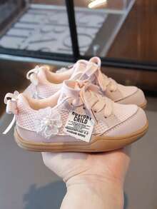 1 Pair Infant Princess Style Mesh Casual Shoes, Soft Rubber Non-Slip Sole, Lace Decor Baby Girl Spring/Summer Daily Walking Shoes - Pink - View 3