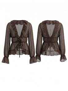 Semi-Sheer Chiffon Women's Short Top, V-Neck Tie Front, Ruffle Trim, Cinched Waist Pleats, Flared Long Sleeves, Elegant Style - Dark Brown - View 9