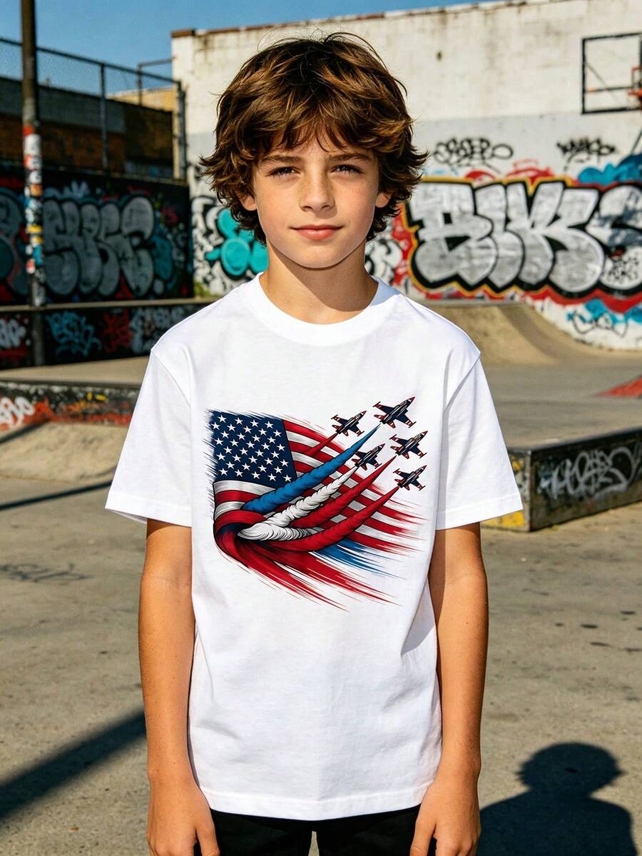 Summer Patriotic American Flag Jet Print Kids T-Shirt, Soft Cotton Casual Short Sleeve Toddler Tee, Independence Day Graphic Top For Little Boys, - Blanco - Ver 1