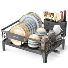 SONGMICS Escurreplatos, Escurridor para Encimera de Cocina, Giratorio 360° y Extensible, con Soporte para Cubiertos, 31 x 42 x 18,5 cm, Gris - Gris - Ver 6