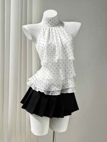 Blusa de mujer con estampado de lunares, escote halter y espalda descubierta, ideal para vacaciones - Gris - Ver 1