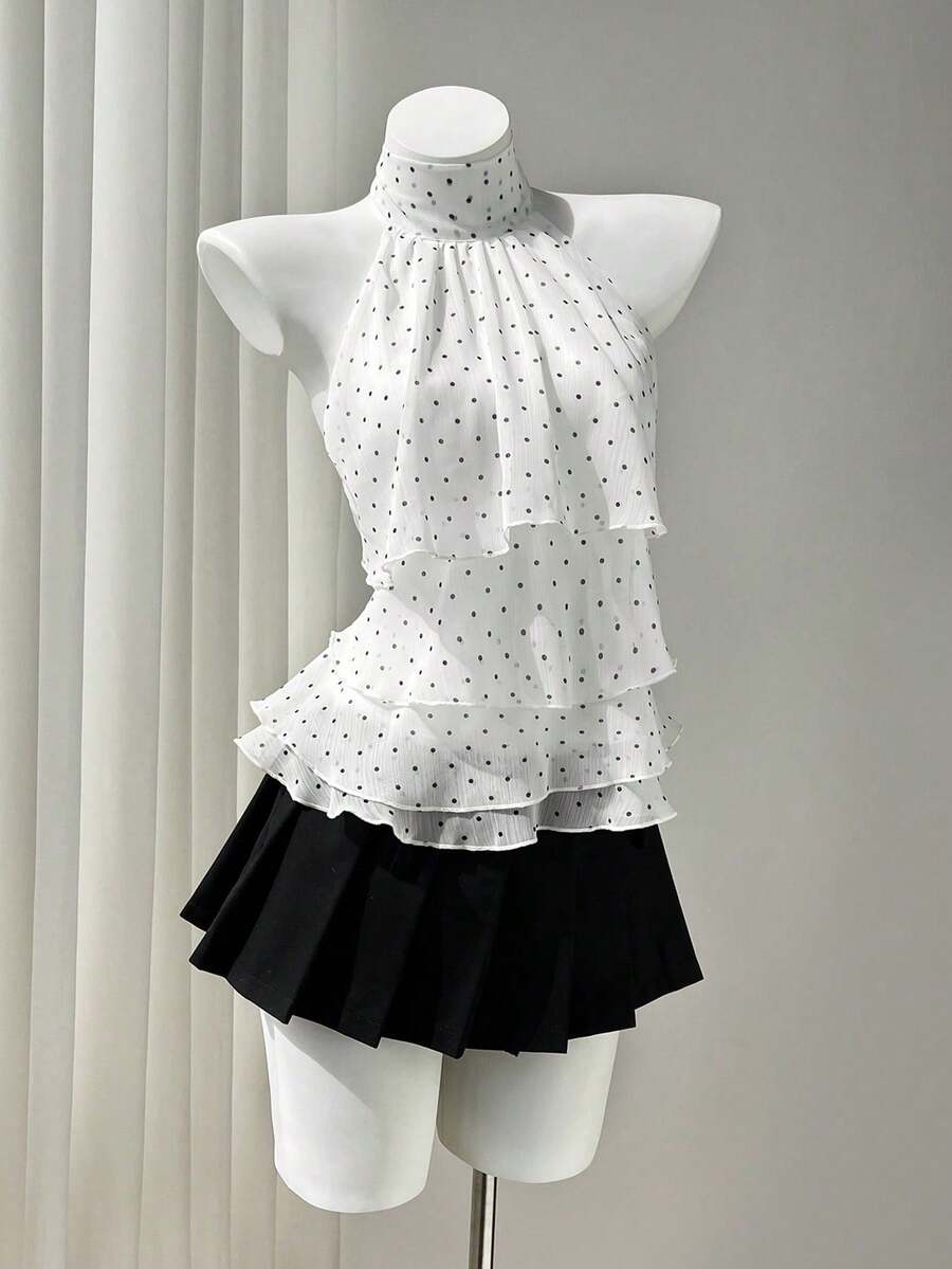 Blusa de mujer con estampado de lunares, escote halter y espalda descubierta, ideal para vacaciones - Gris - Ver 1