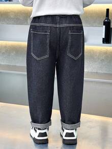 Boys' Toddler All-Season Elastic Waist Loose Fit Solid Color Contrast Stitch Denim Jeans Pants For Daily, School, Outdoor Wear - Dark Wash - View 2