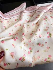 1pc Women's Elegant Vintage Printed Slim Satin Square Faux Silk Scarf, Bohemian Retro Casual Neck Scarf Shawl, Lightweight And Comfortable - Pink - View 3