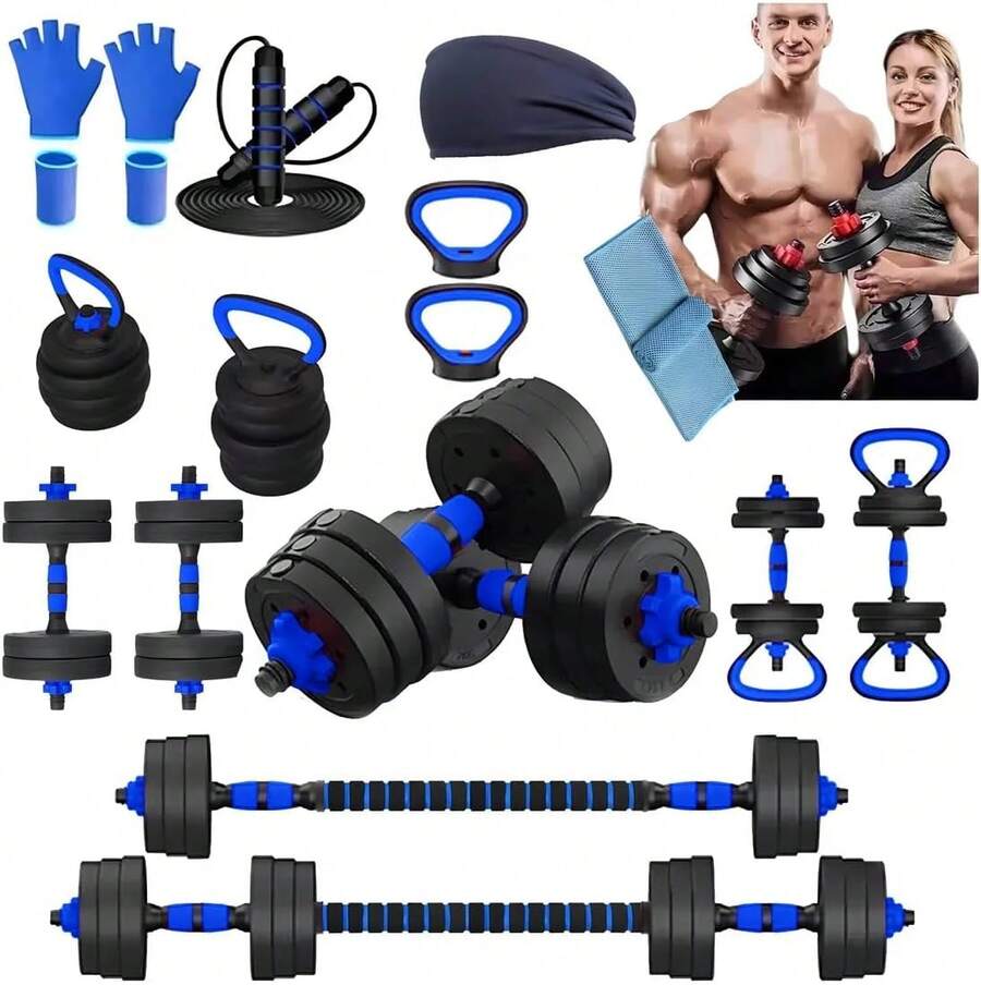 Kit de Mancuernas Ajustables 10kg, Set de Pesas y Mancuernas 6 en 1 para Ejercicio en Casa, Incluye Barra Recta, Pesas Rusas y Accesorios, Ideal para Gym en Casa y Fitness - Azul - Ver 1