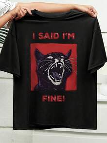 Women's Funny Graphic T-Shirt, Vintage Angry Black Cat Print, "I Said I'm OK", Modern, Casual, Soft, Crew Neck, Summer Fashion. - 黑色 - 查看 1