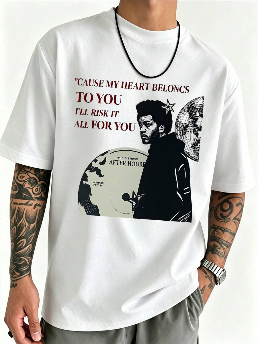 T-Shirt mit Vinyl-Schallplatten-Print von T-he Weeknd After Hours, Retro-Streetstyle, lässiges Kurzarm-T-Shirt für Herren, modisch und vielseitig, geeignet für Sommer und Musikfestivals. - Weiss - Übersicht 1