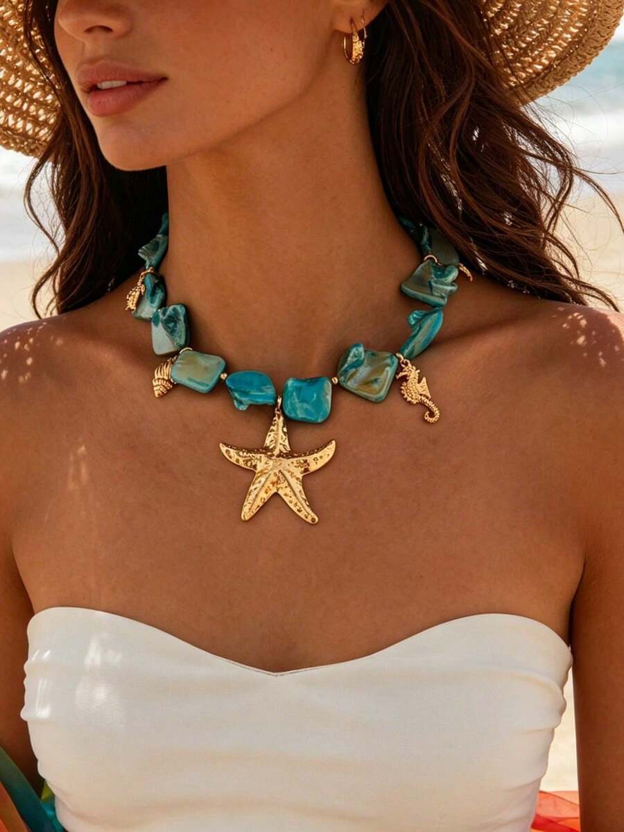 pieza de collar con colgante de estrella de mar y concha dorada de estilo bohemio inspirado en el océano, decorado con cuentas azul-verdes y doradas - Accesorio multifuncional para mujer, - Azul - Ver 1