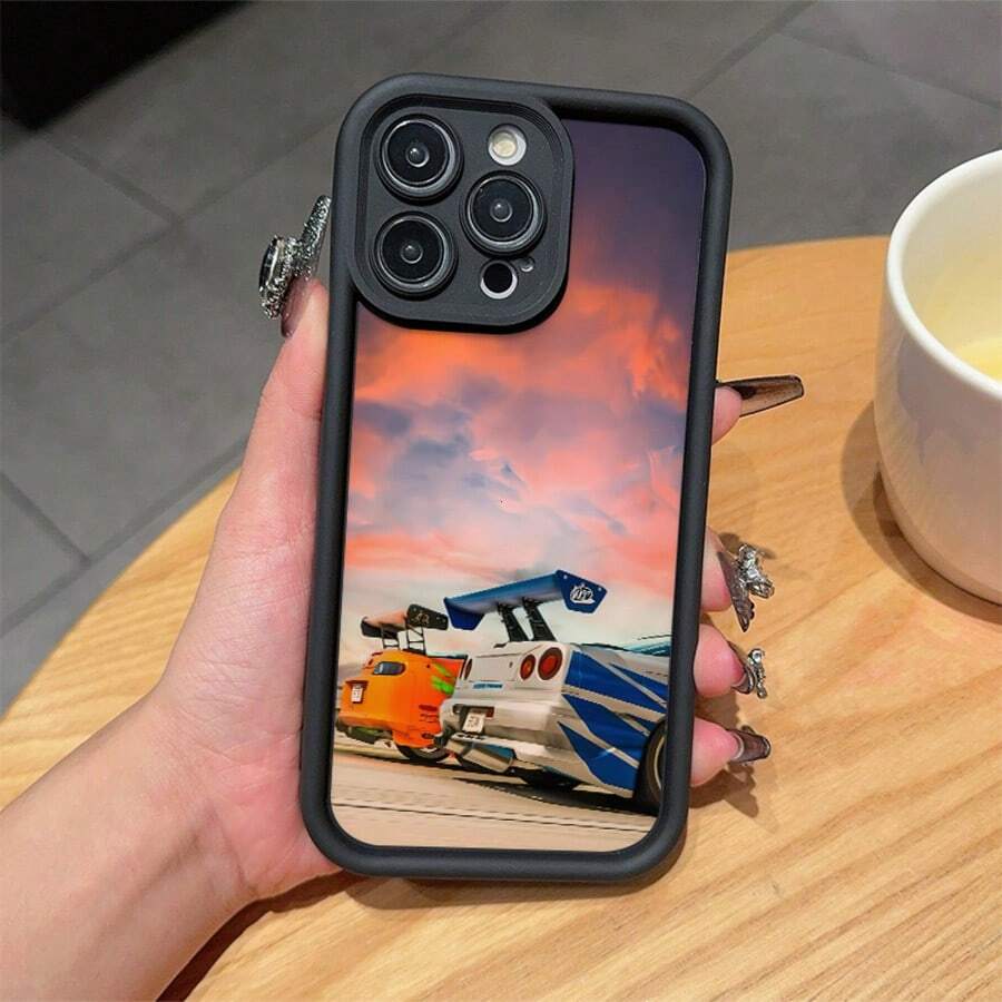 1pc Racing Pattern Black & Silver Phone Case Compatible With Apple Phones - Multicolor - View 1
