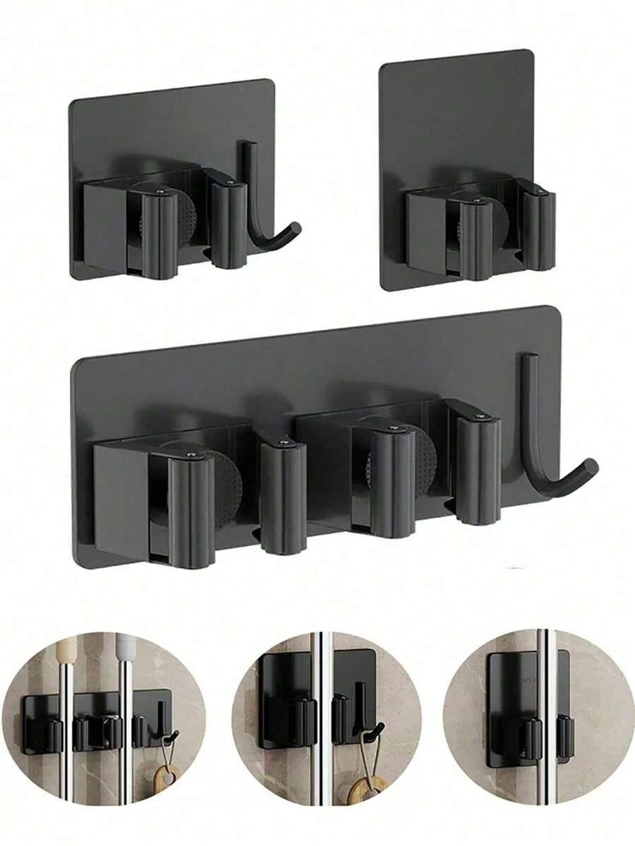 1 pieza Soporte de pared de acero inoxidable 304 para escoba y fregona, organizador de almacenamiento duradero, adecuado para lavandería, cocina, armario y baño, estante de almacenamiento de herramientas de limpieza - Multicolor - Ver 1