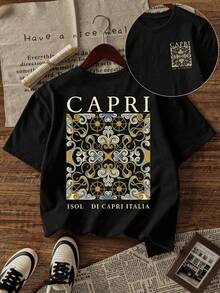Men's Short-Sleeved T-Shirt With Floral And Letter Print, Comfortable And Breathable, For Summer Wear - 酒紅色 - 查看 1
