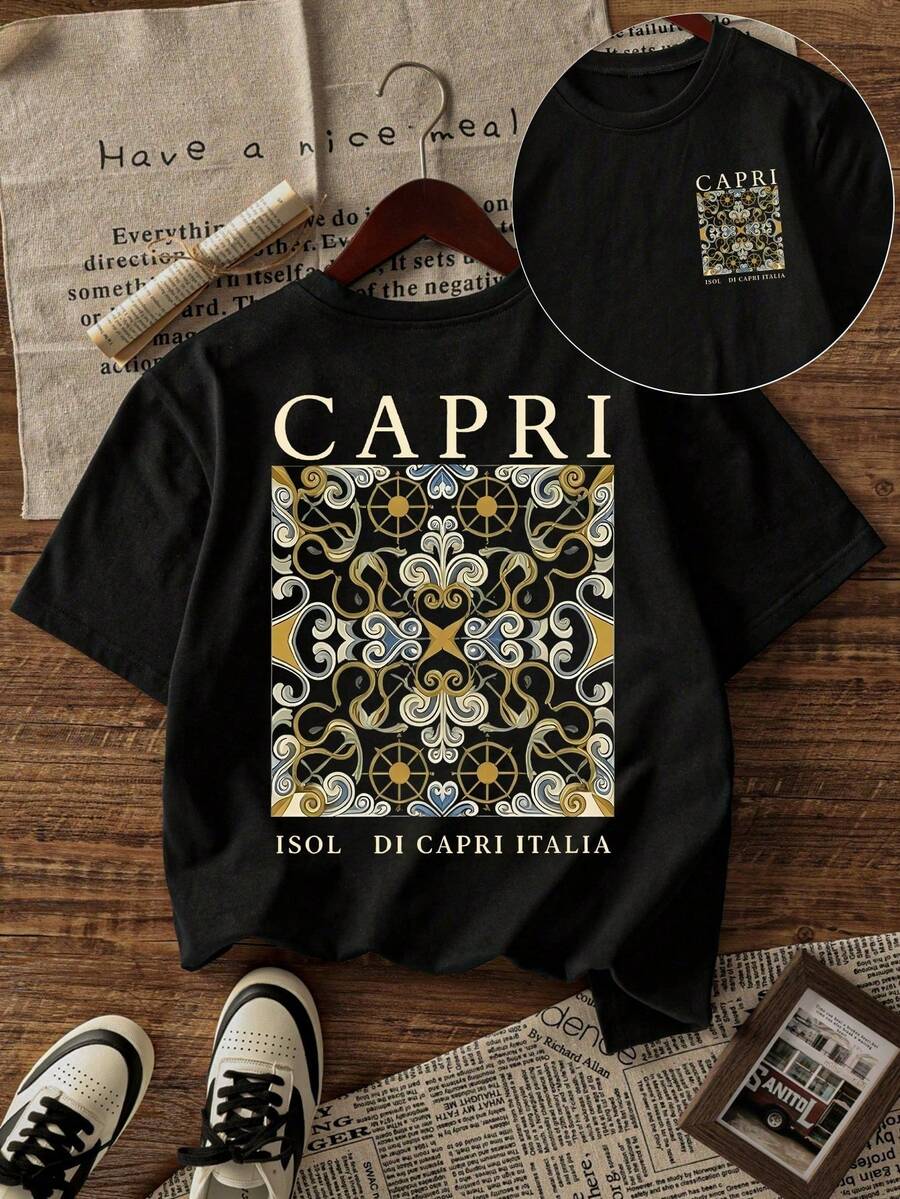 Men's Short-Sleeved T-Shirt With Floral And Letter Print, Comfortable And Breathable, For Summer Wear - 酒紅色 - 查看 1