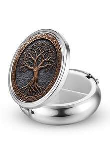 2D Flat Design 1pc Portable Travel Pill Box, Metal Vitamin Storage Box With Tree Of Life Pattern, Metal Mini Pill Organizer Box, Unique Gift Compact Pill Box, Suitable For Pocket, Wallet And Travel Gift, Best Christmas Gift - Multicolor - View 8