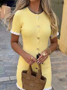 Women's New Spring/Summer Elegant Contrast Color Metal Button Dress, Paired With Graceful Ruffle Hem Blazer & Yellow Skirt Set For A Sophisticated Look. Features Front Button Closure Design, Suitable For Commuting, Daily Dates And Photo Shoots. - Yellow - View 9