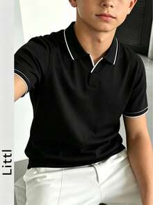 Kids Boys Minimalist Contrast Trim Knit Polo Shirt, Elastic Soft All-Match Everyday Outfit Knitted Top - Black - View 6