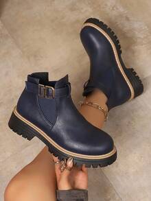 Women's Ankle Boots, Autumn/Winter New Versatile Boots, Daily Wear Slip-On Elastic Band Fashion Ankle Boots - Navy Blue - View 1