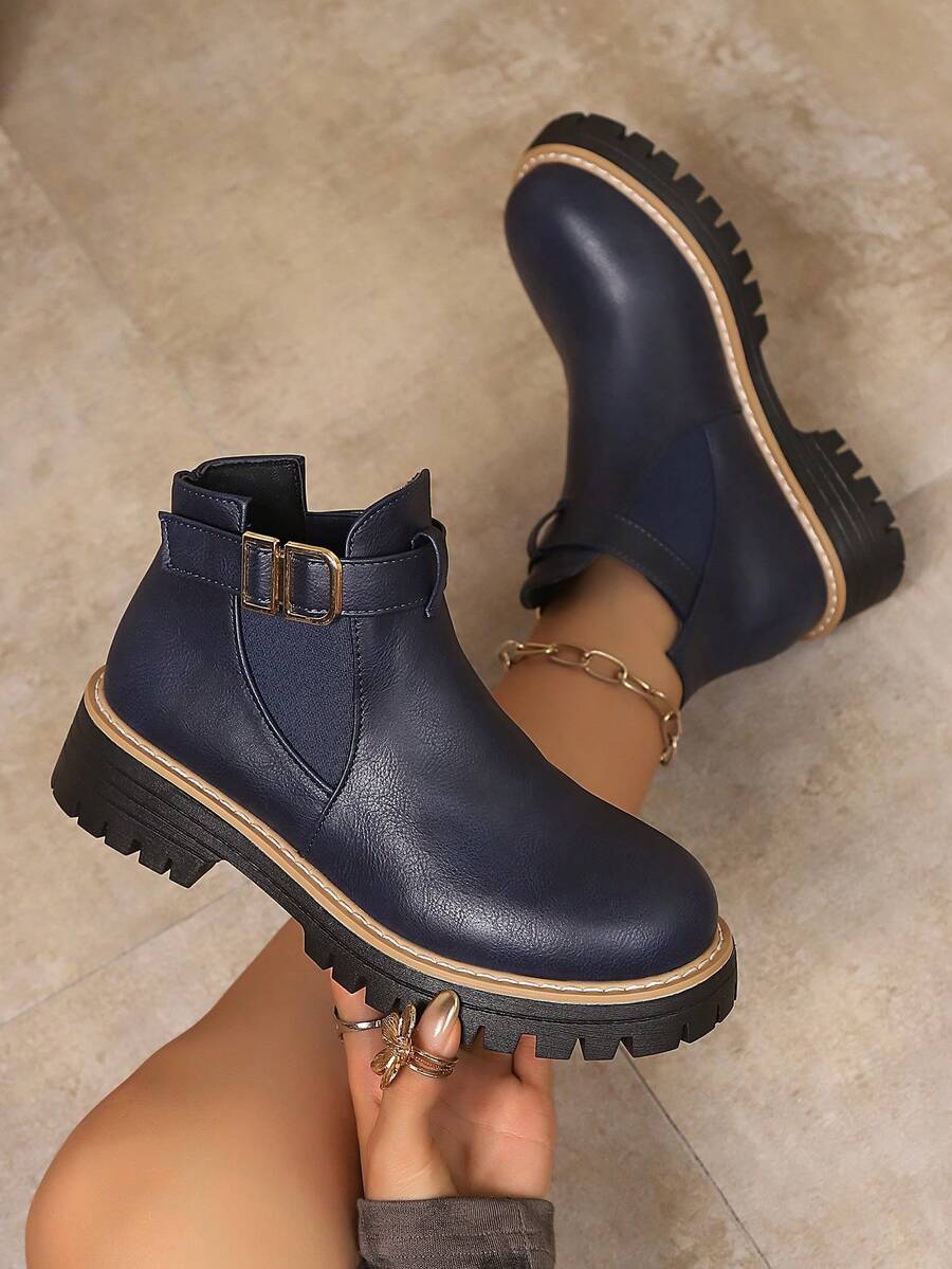 Women's Ankle Boots, Autumn/Winter New Versatile Boots, Daily Wear Slip-On Elastic Band Fashion Ankle Boots - Navy Blue - View 1