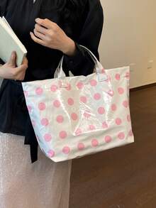 Summer New Polka Dot Contrast Design Women's Tote Bag, Fashion Minimalist Waterproof PVC Handbag/Vacation Bag - Pink - View 2
