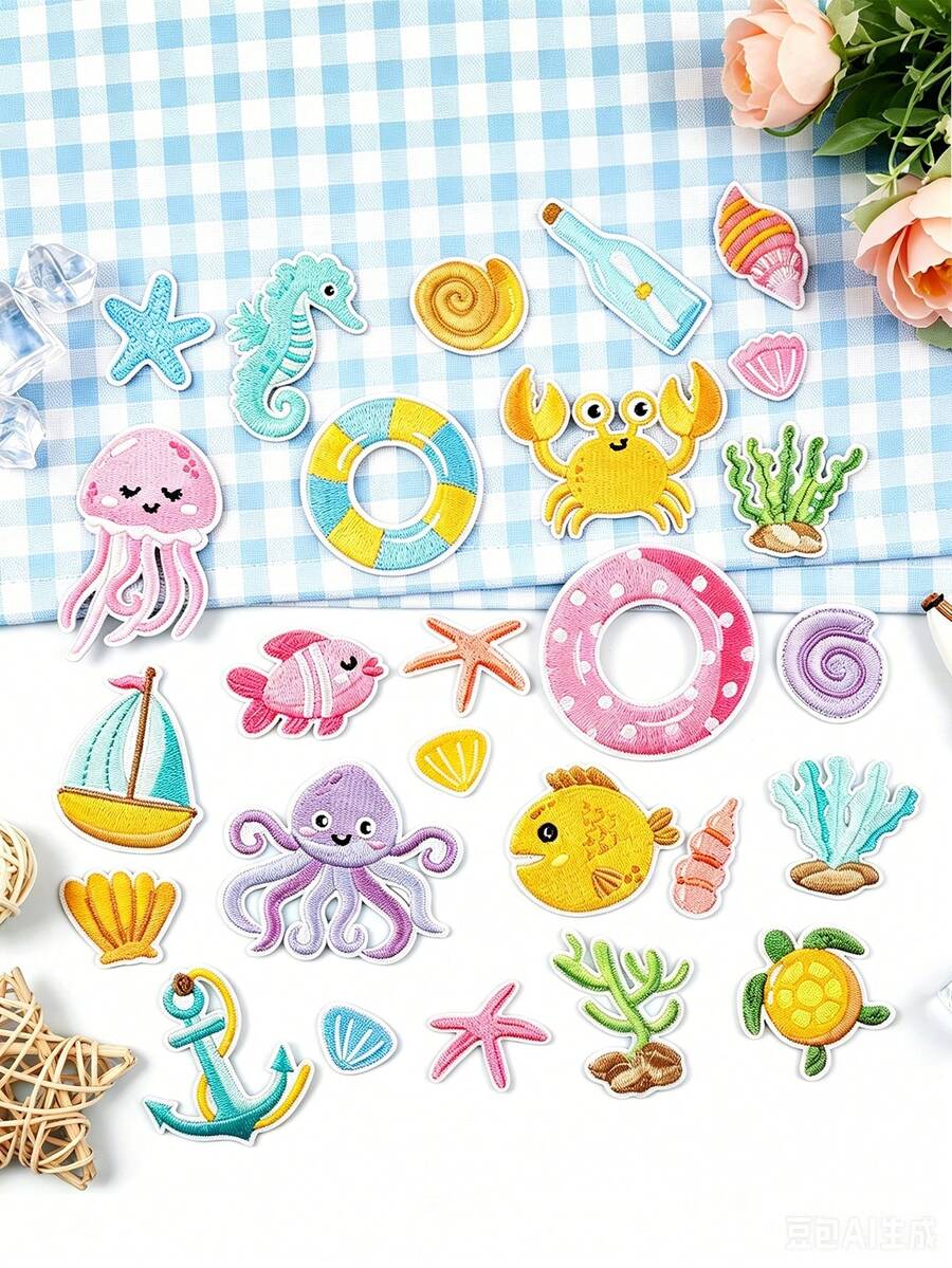 26pcs Ocean Cartoon Embroidery Patches, Various Underwater Animal Appliques, Star Crab Octopus Cartoon Fabric Patches For Clothing DIY Decoration Accessories - Multicolor - View 1