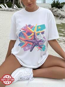Y2K Women's Casual Summer T-Shirt, Watercolor Style, Starfish Print, Fashionable, Vacation, Casual, Loose Fit, Round Neck, Printed, Short Sleeve, 100% Cotton - 黑色 - 查看 8