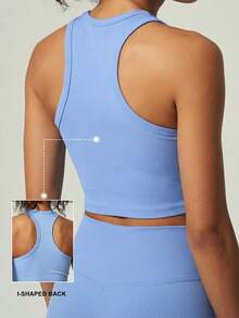 UONNOU Women's Ribbed Seamless I-Shaped Racerback Crop Tank Top, Round Neck Slim Fit Low Impact Yoga Workout Sports Vest - Blue - View 2