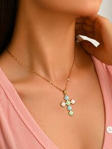 1pc 18k Gold Plated Fresh Style Colorful Enamel Square Cross Necklace, Contrast Candy Color Resin Gold Neck Jewelry, Sweet Jewelry For Daily Summer Outfits, Graduation Season Gift - Gold - View 2