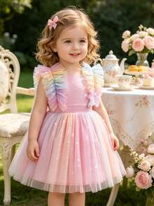 Infant Girls Elegant Cute Star Ruffle Mesh Princess Dress, Formal Gown For Birthday Party, Flower Girl, Vacation - Pink - View 1